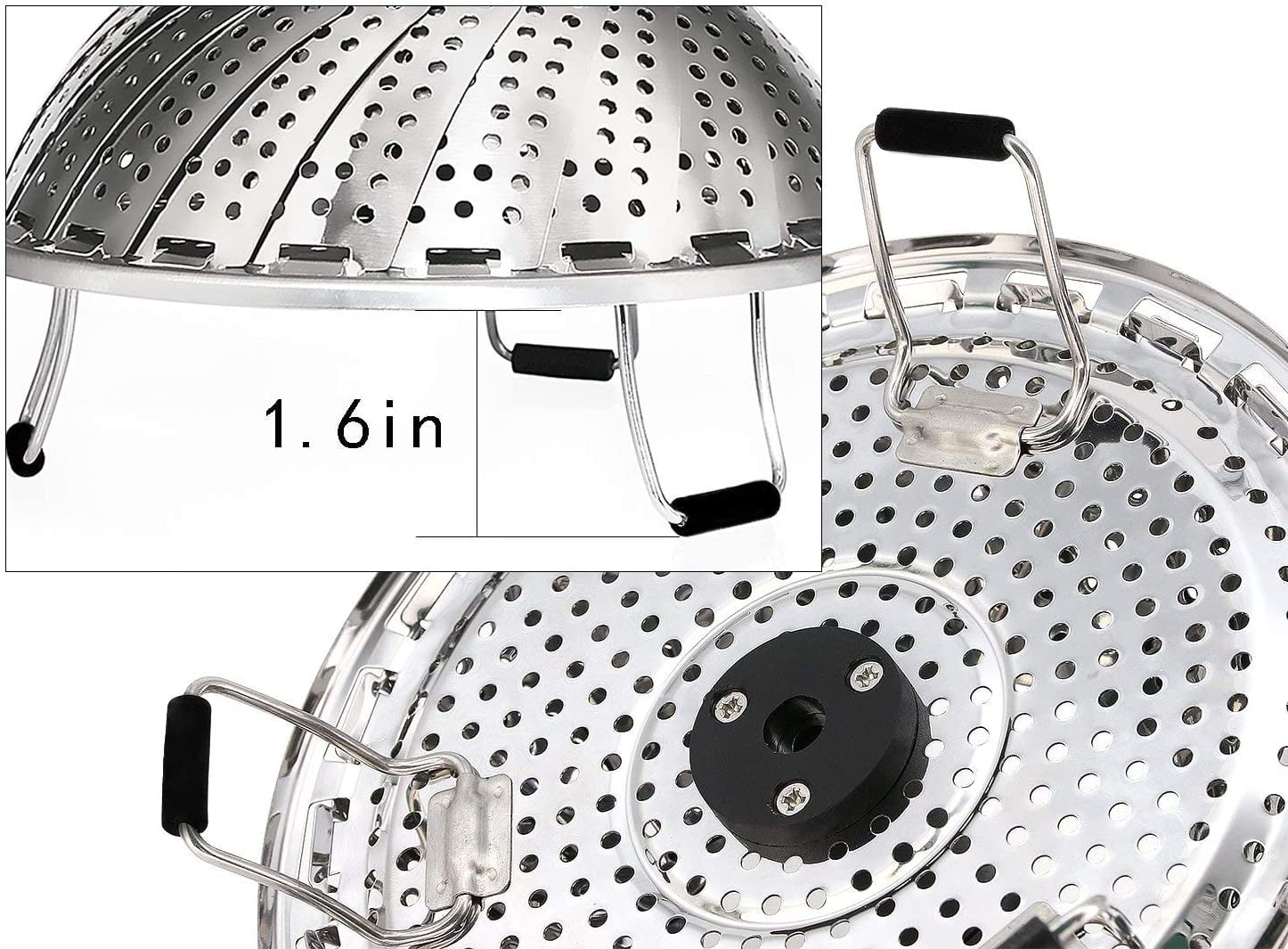 Flexzion Stainless Steel Vegetable Steamer Basket with Extendable Handle -  Expandable Collapsible Foldable Cooking Insert Fit Instant Pot 3 6 8 Qt