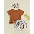 thumbnail image 5 of aturustex Infant Girl Tops + Shorts + Bow Headband Tassel Letter Cow / Camouflage / Rainbow Clothing, 5 of 9