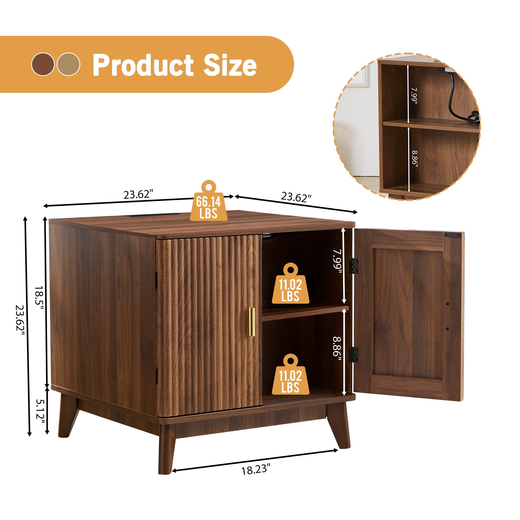 YOCWO Fluted Square Nightstand with Charging Station for Bedroom, Wood End Table with 2 Door for Living Room, Walnut