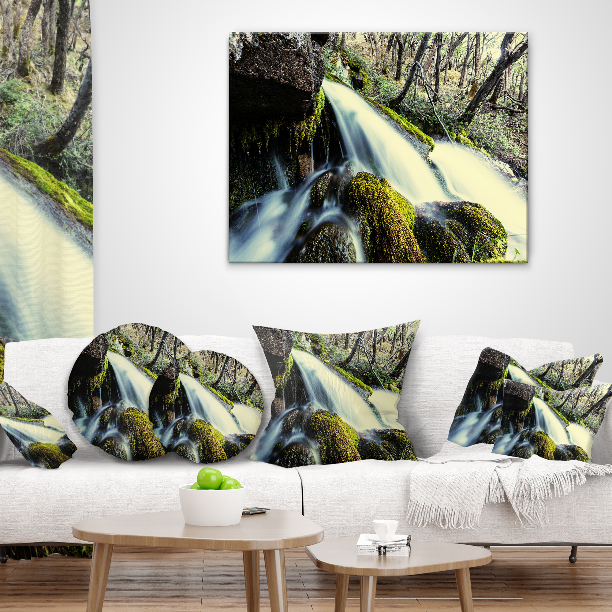 Designart Waterfall in Forest on Rocks - Seashore Throw Pillow - 16x16