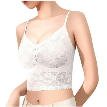JIUKE Lace Tank Tops with Built in Bras Padded Wireless Spaghetti Strap Full Coverage Seamless Bras Crop Camisole Tops