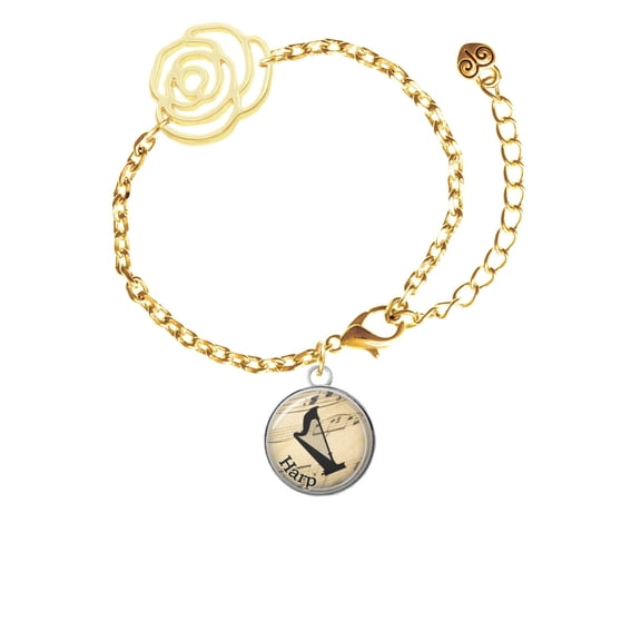Delight Jewelry Silvertone Domed Music - Harp Gold-tone Flower Link Chain Bracelet, 6.75" 2" Extender