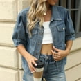 thumbnail image 6 of Olyvenn Short Sleeve Denim Jacket 2025 Women Lapel Button Down Casual Jacket Cropped Trucker Jean Jackets Coats Puff Denim Blue S, 6 of 9