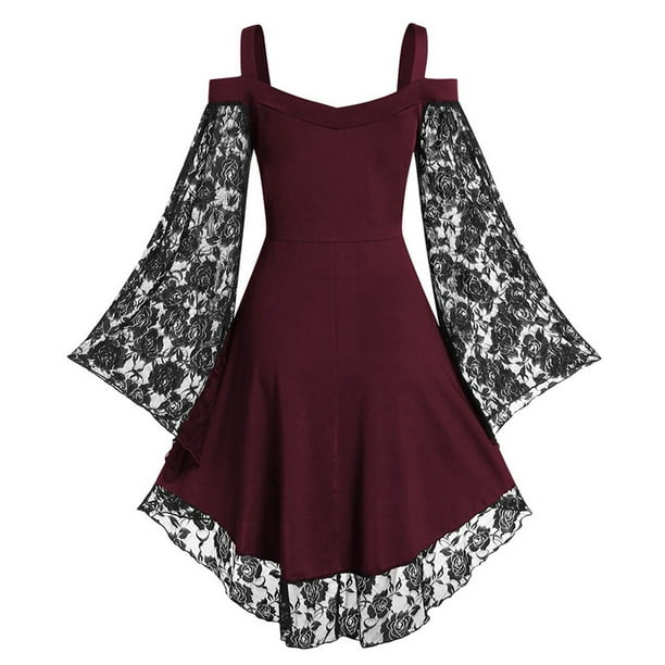 gothic dresses deals,Fashion Sexy Women Patchwork Skull Lace Splicing Long  Sleeve Vintage Party Dress