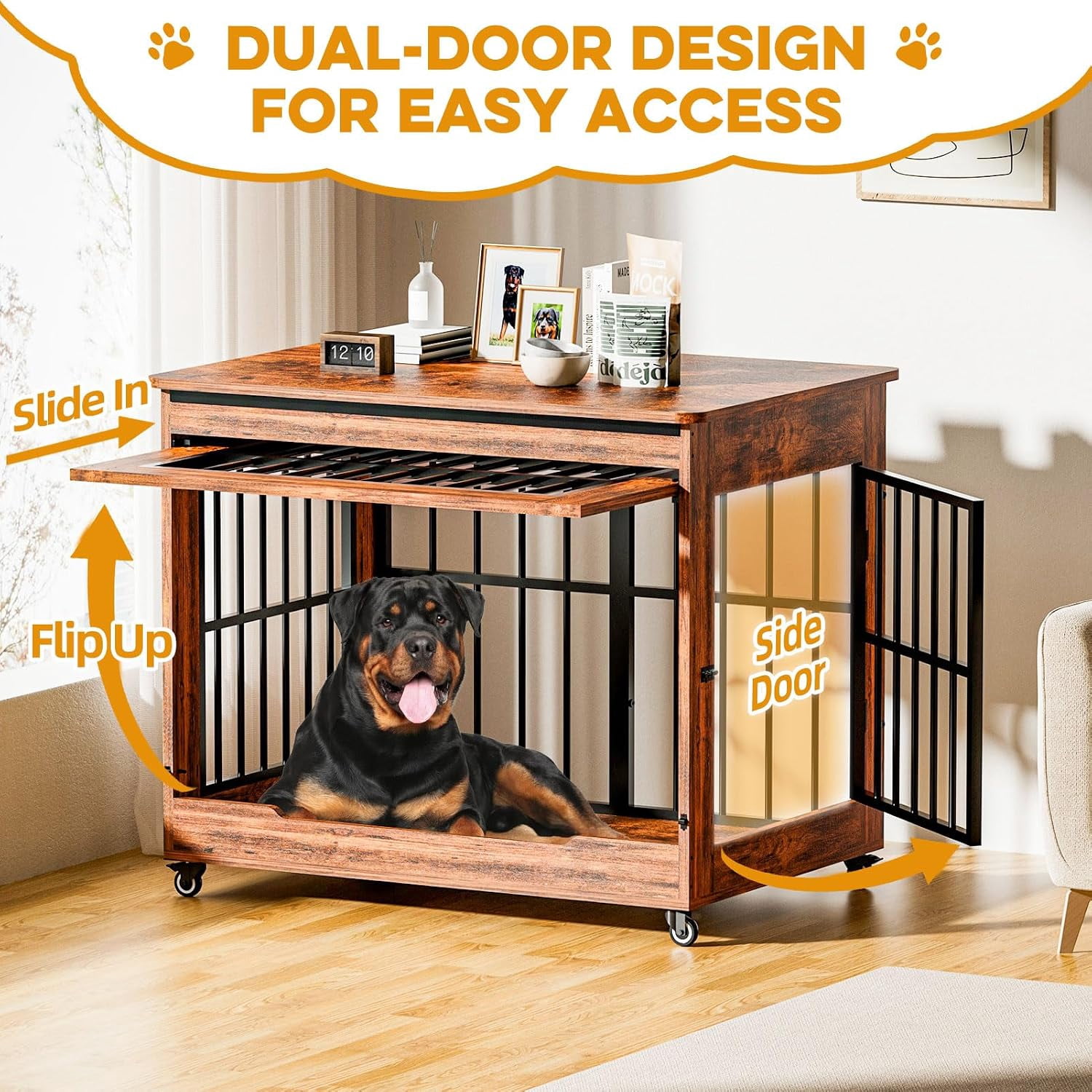 46" Large Dog Crate Furniture, Double Door Wooden Indoor Dog Kennel End Table with Wheels, Decorative Pet Cage for Extra Large Breeds, Vintage Brown