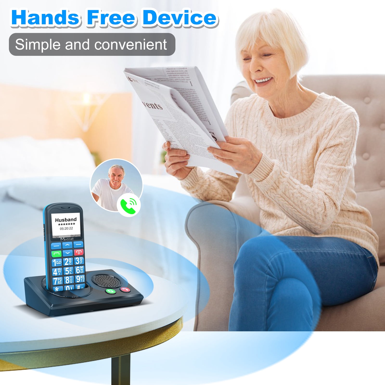 Big Button Mobile Cell Phone SOS for Elderly Senior with Base (Blue) - Medihill