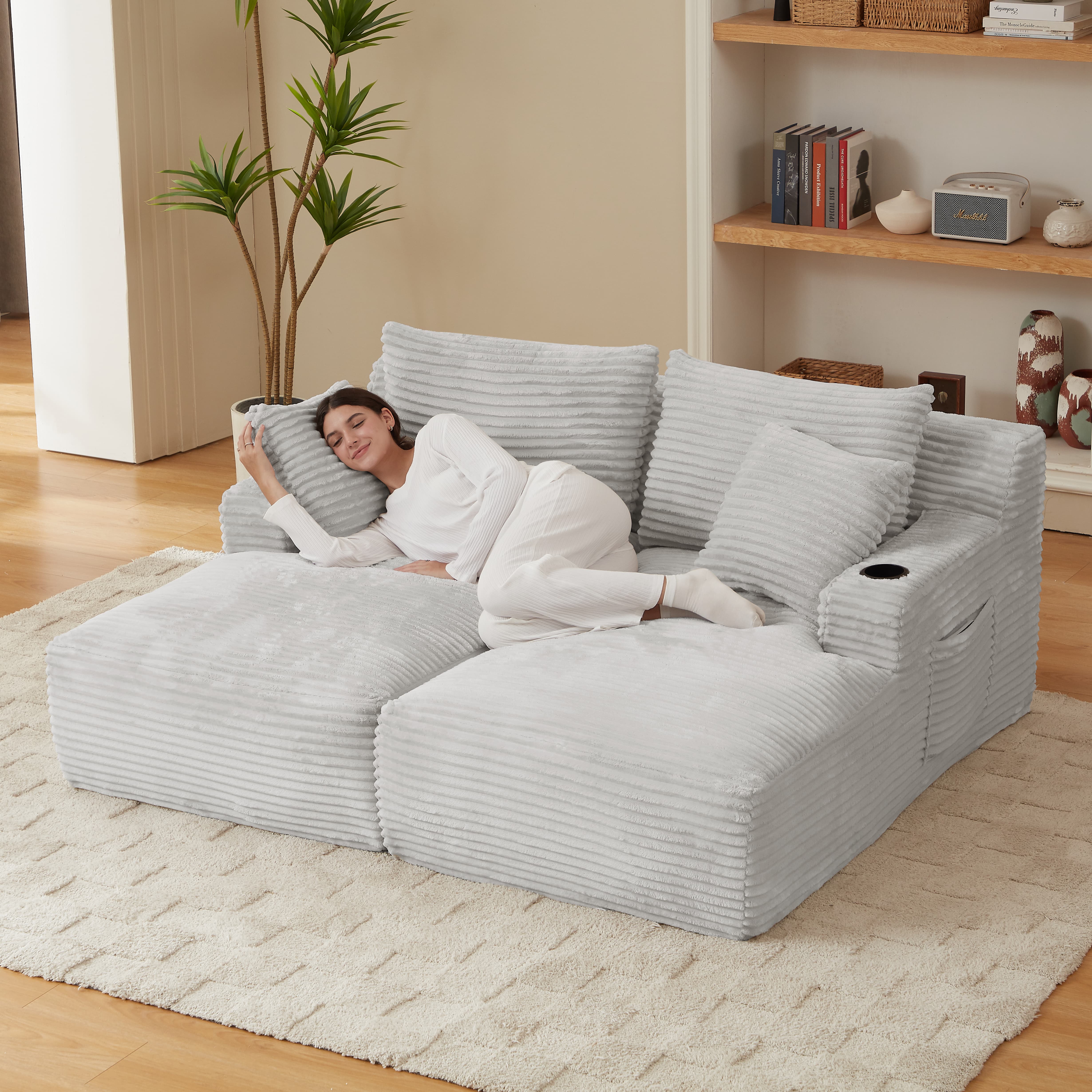 MAYEERTY Compressible Corduroy Double Chaise Sofa, Modern Sectional Loveseat with Cup Holders for Living Room, 71*62*34"Light Grey