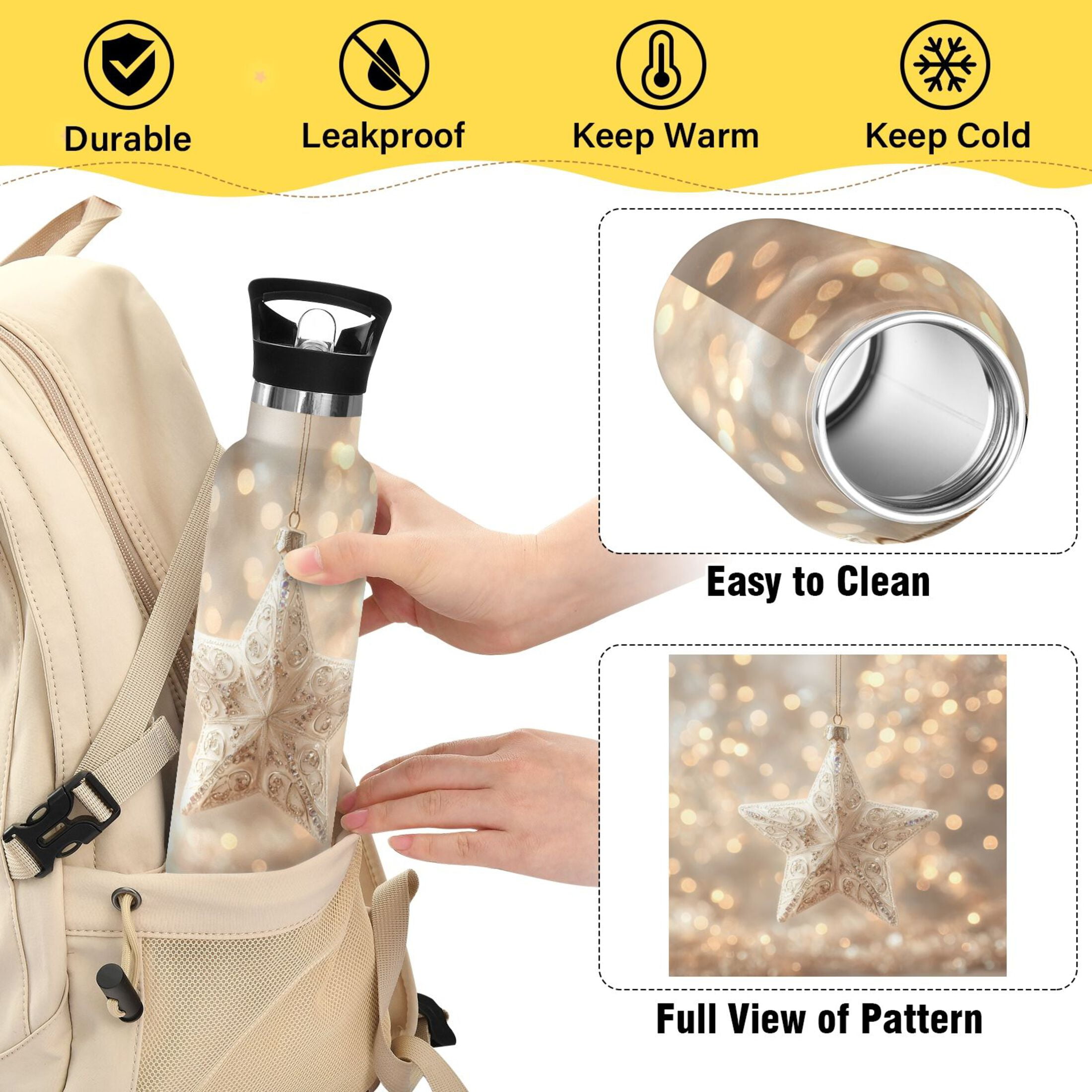 600ML Stainless Steel Insulated Cup Sports Water Bottle Portable Thermos Cup Water Glasses Insulated Tumblers Convenient and Durable Christmas Star
