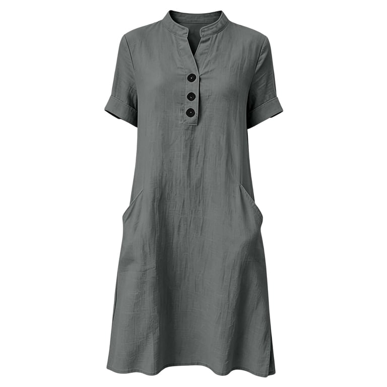 Rove Studio Women's Solid Short Sleeve Stand Collar Button Midi Dress, Lightweight Breathable Loose Fit Casual Summer Dress with Side Pockets for Daily Travel Beach Wear Grey XXL