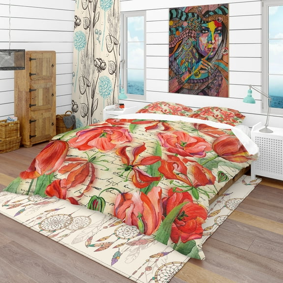 Designart 'Red Flower Pattern' Vintage Duvet Cover Set
