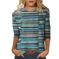thumbnail image 2 of Conairie Crew Neck T Shirts for Women Casual Stripe Loose 3/4 Sleeve Shirt Trendy Elegant Comfy Work Tee Pullover Outfits Blue L, 2 of 4