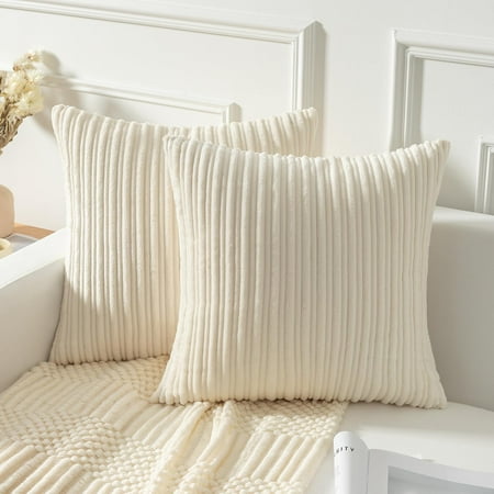 

Striped Corduroy Plush Texture Velvet Euro Throw Pillow Sham Cushion Cover for Chair 16x16 inch Set of 2 Creamy White