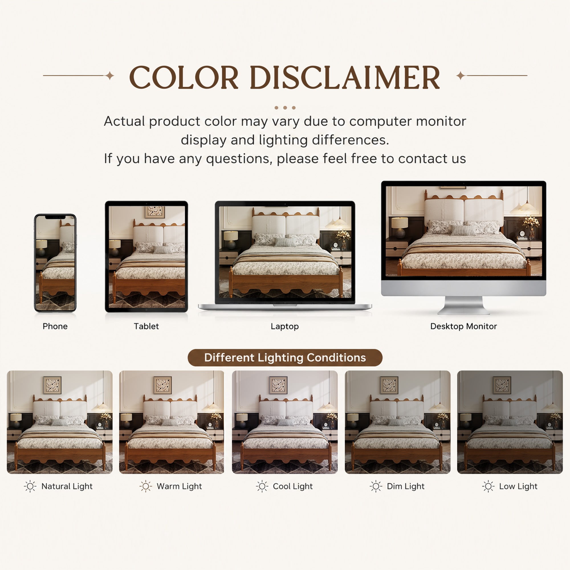 DEALTOPS Queen French Country Scalloped Platform Bed Frame with Upholstered Headboard, No Box Spring, Walnut