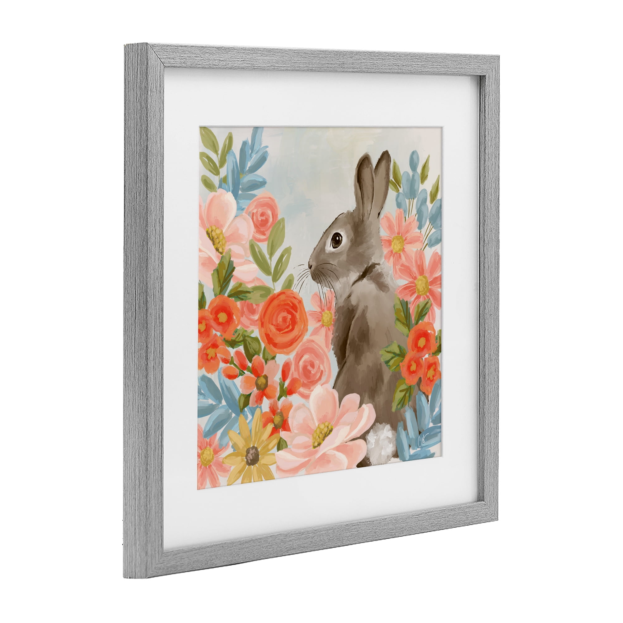 Stupell Industries Bunny In The Blooms Gray Framed Print Under Glass, design by Cat Thurman Designs