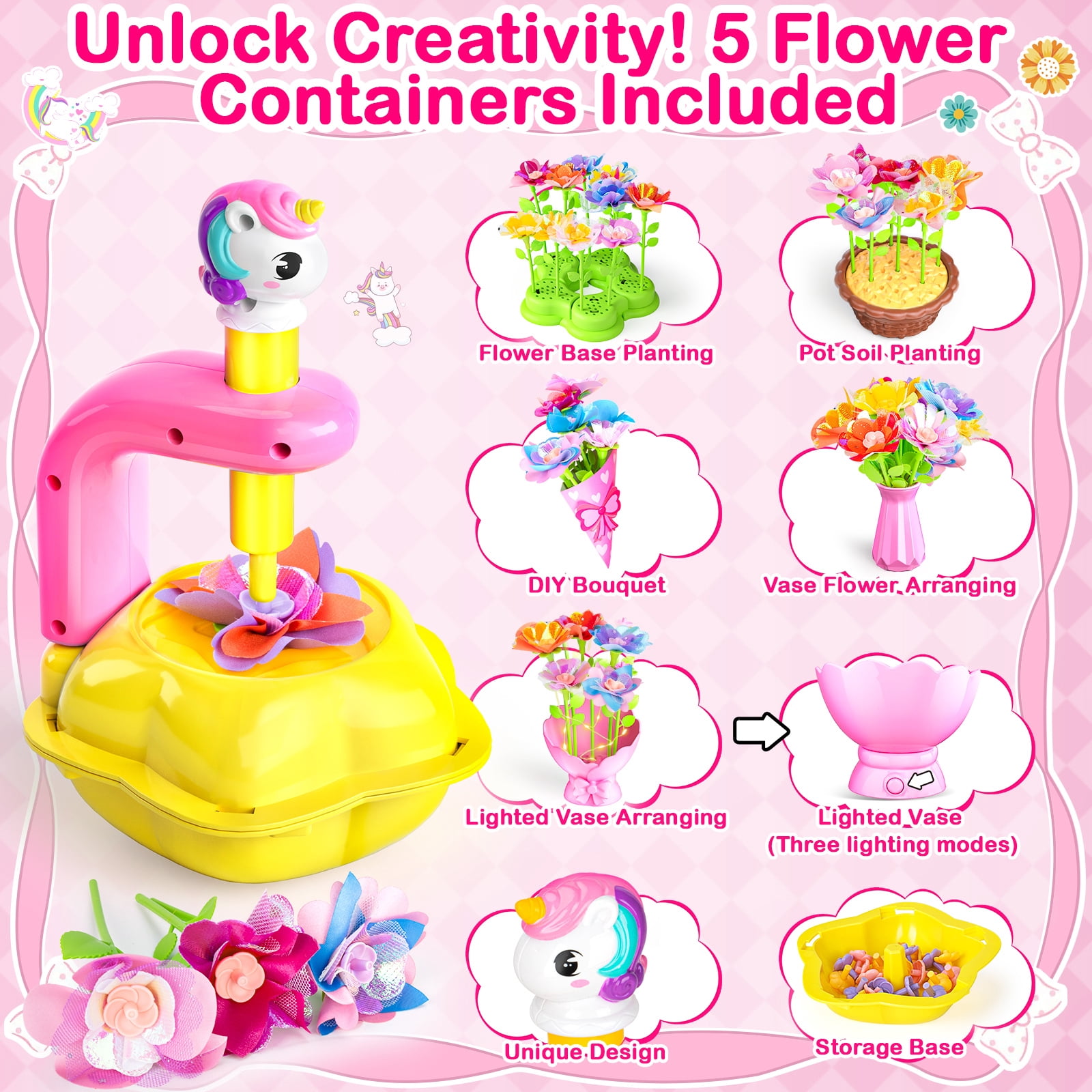 HXFOU DIY Unicorn Craft Kit for Girls Ages 3-12, Girls Flower Making Kit with Lighted Vase, DIY Fabric Flower Bouquet Arts and Crafts Set, Unicorn Gifts for Girls, Pink