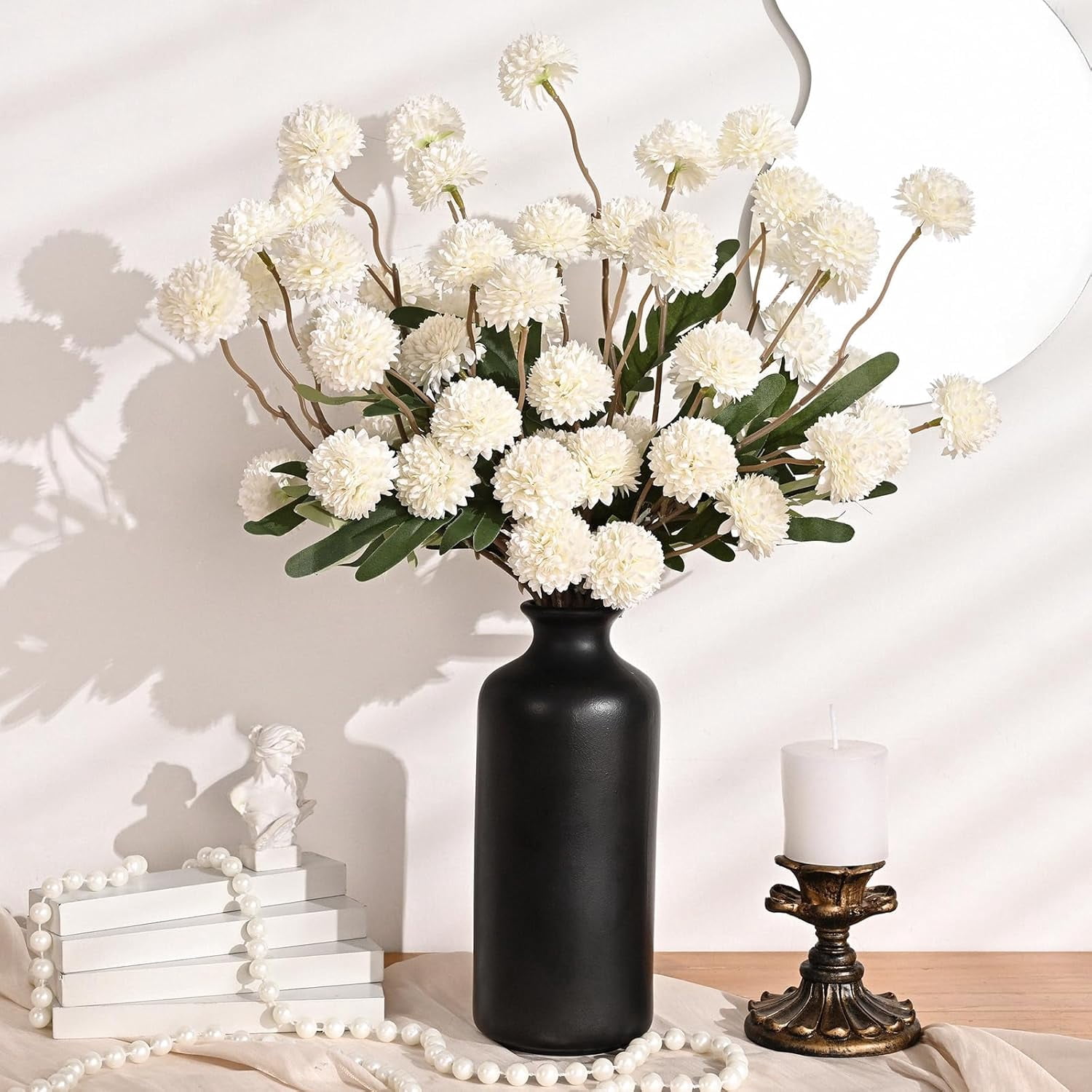 Yastouay 12Pcs Fake Chrysanthemum Flowers,21in Faux Kiku Flowers Silk Pompon Mums for Home Table Wedding Arrangements,White