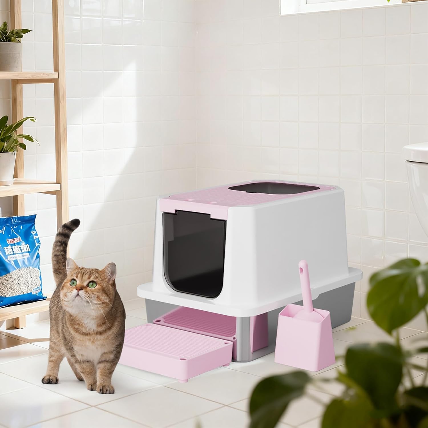Large Cat Litter Box: Pink Semi-Closed Stainless Steel Litter Box with High Edges - Odorless Litter Pan Anti Leakage for Small to Large Cats for Bedroom Living Room