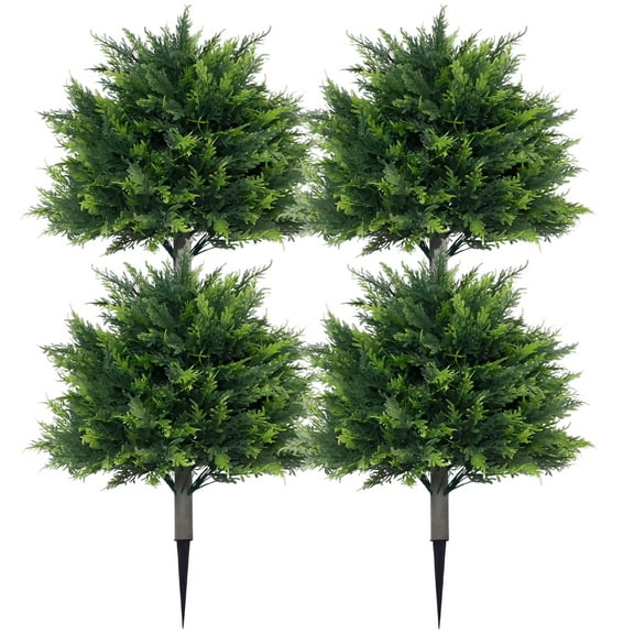 4 Pack Artificial Cypress Topiary Trees Outdoor, UV Resistant Fake Plants with Ground Spike, Faux Boxwood Shrubs for Front Porch Decor, Patio, Garden, or Christmas Decoration
