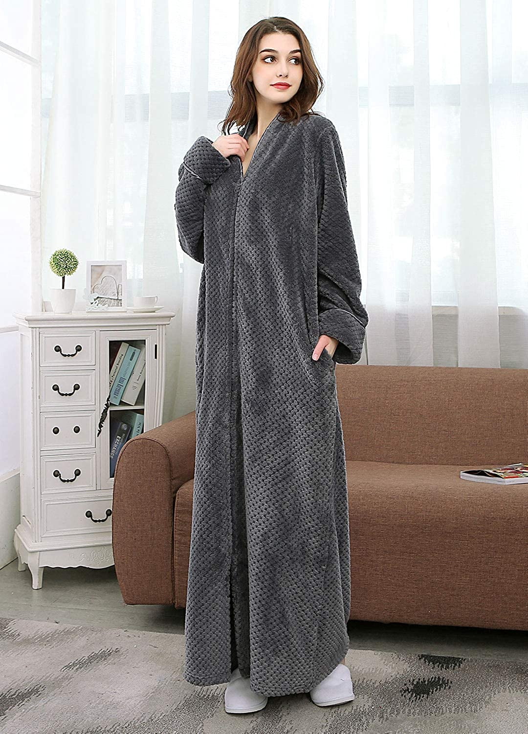 Women's Warm Fleece ZipUp Bathrobe for Lounging Australia Ubuy
