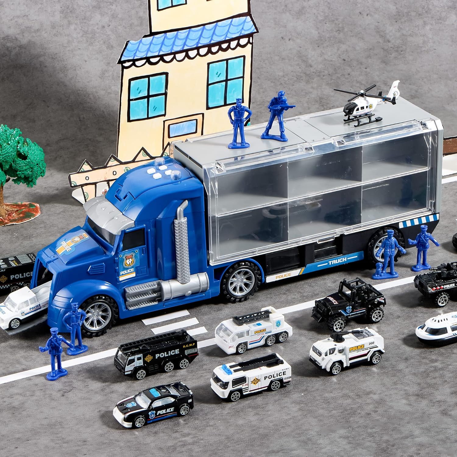 Joyfy 25 in 1 Die-cast Police Rescue Big Truck Toys, Car Transporter Storage Truck with Sounds and Lights, Christmas Birthday Gifts for Toddlers Kids Boys & Girls