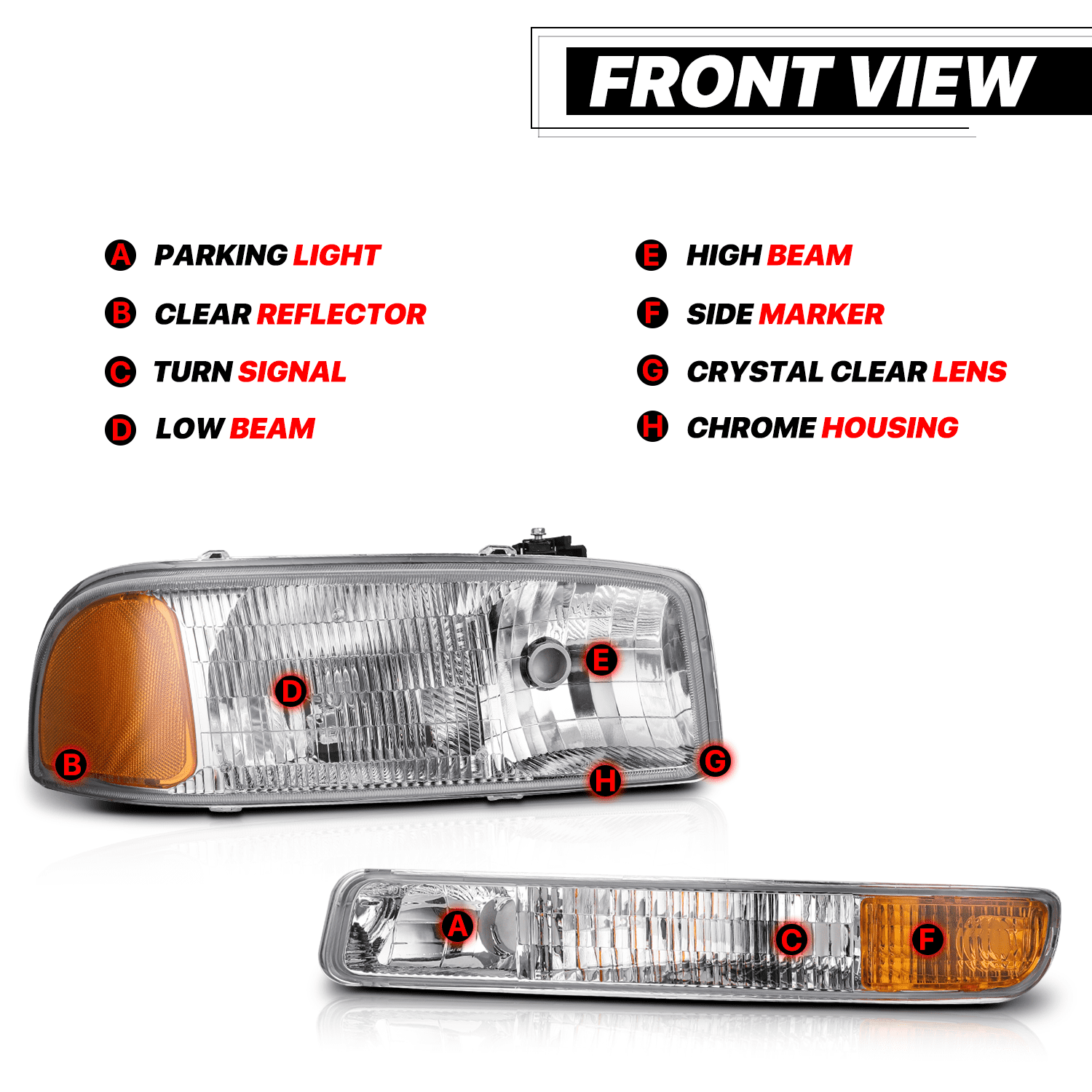 M-AUTO Headlights Assembly Replacement for 1999-2007 GMC Sierra Pickup, Chrome Housing Crystal Clear Lens Amber Reflector