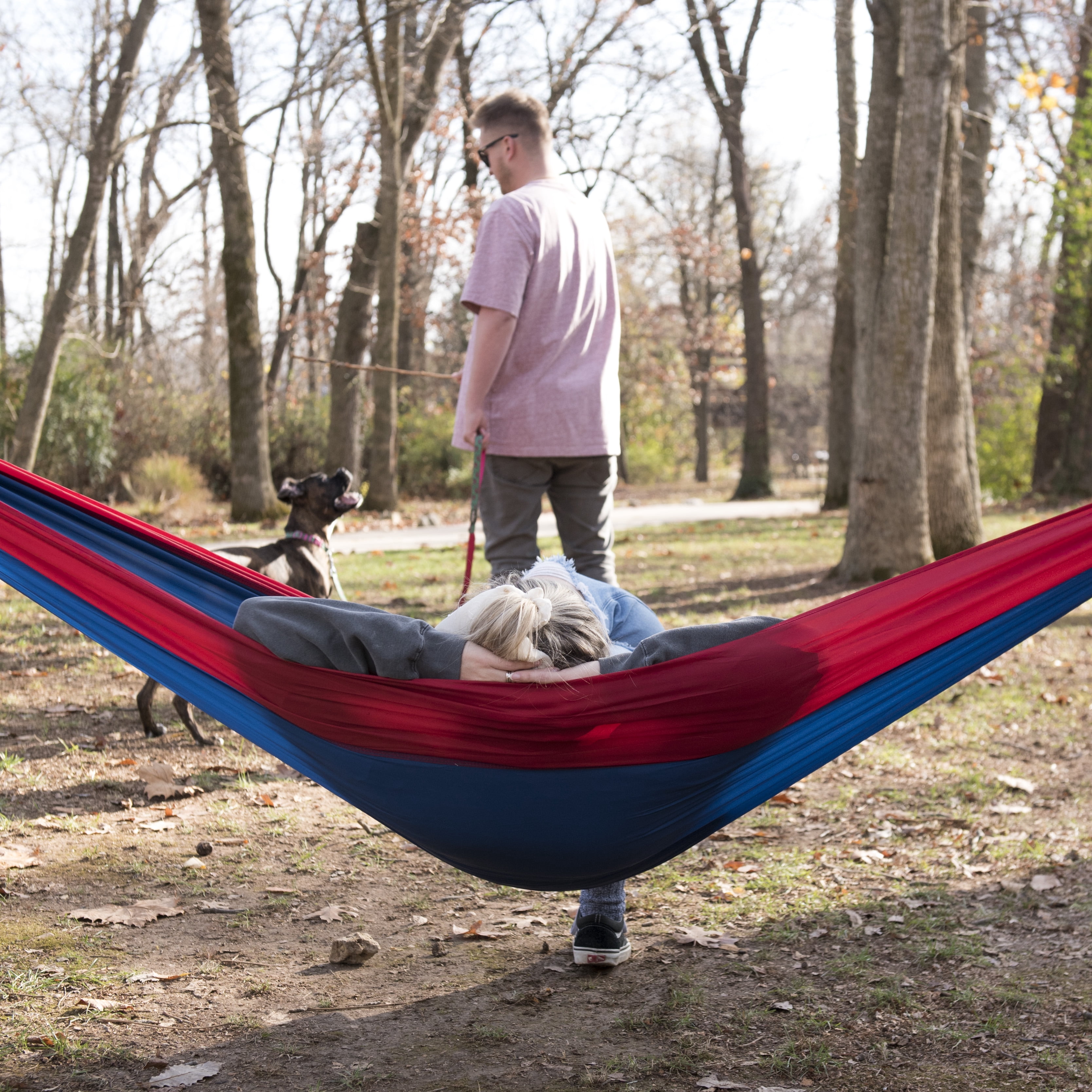 EQUIP  Red and Navy Nylon Tree Hammock,, Open Size 116" L x 59" W