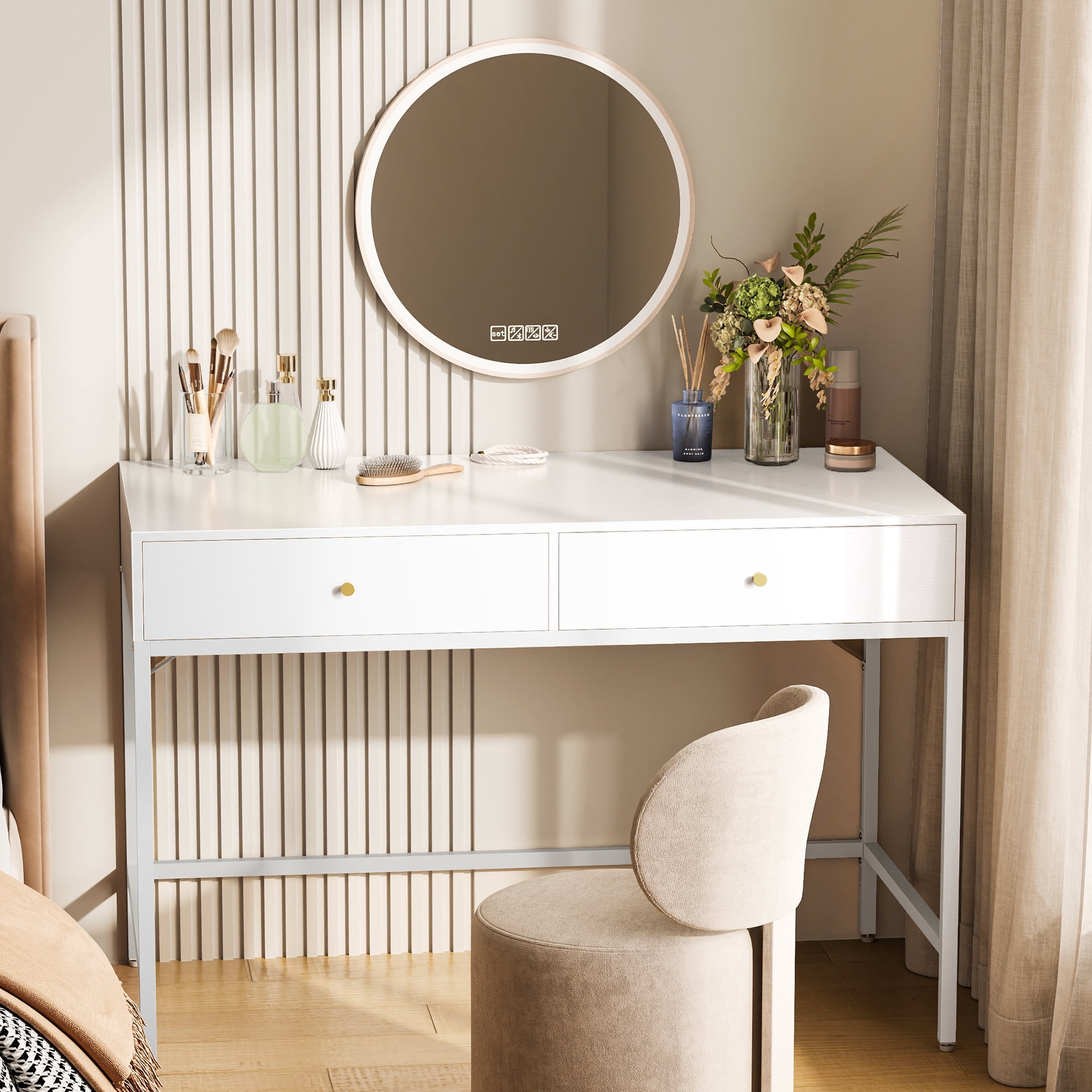 Amadwell 39 Inch White Vanity Desk with 2 Drawers, Small Makeup Vanity Computer Desk for Bedroom