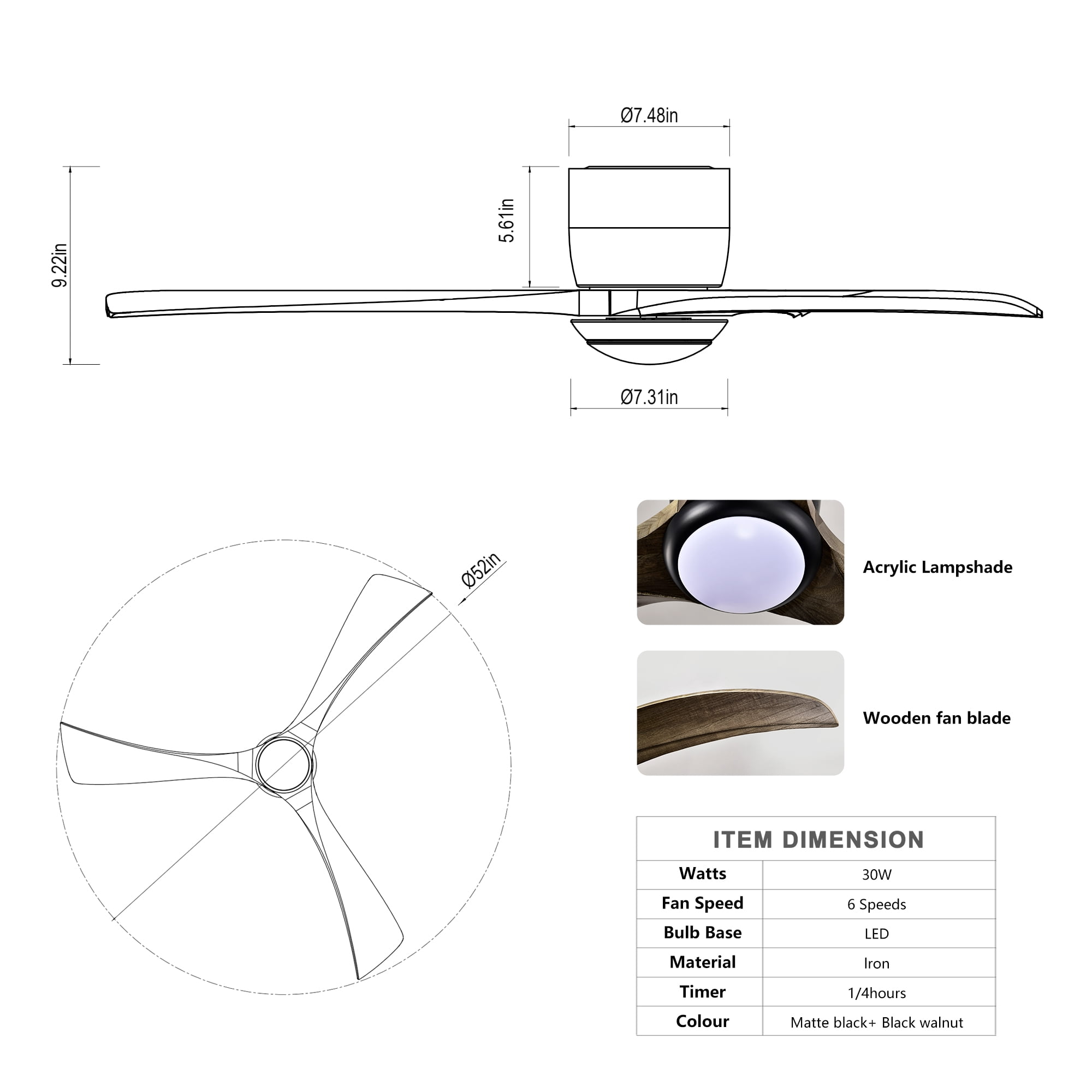 52 Inch Flush Mount Ceiling Fan, Solid Wood Blades Ceiling Fan with Light with Remote Control for Patio, Matte Black