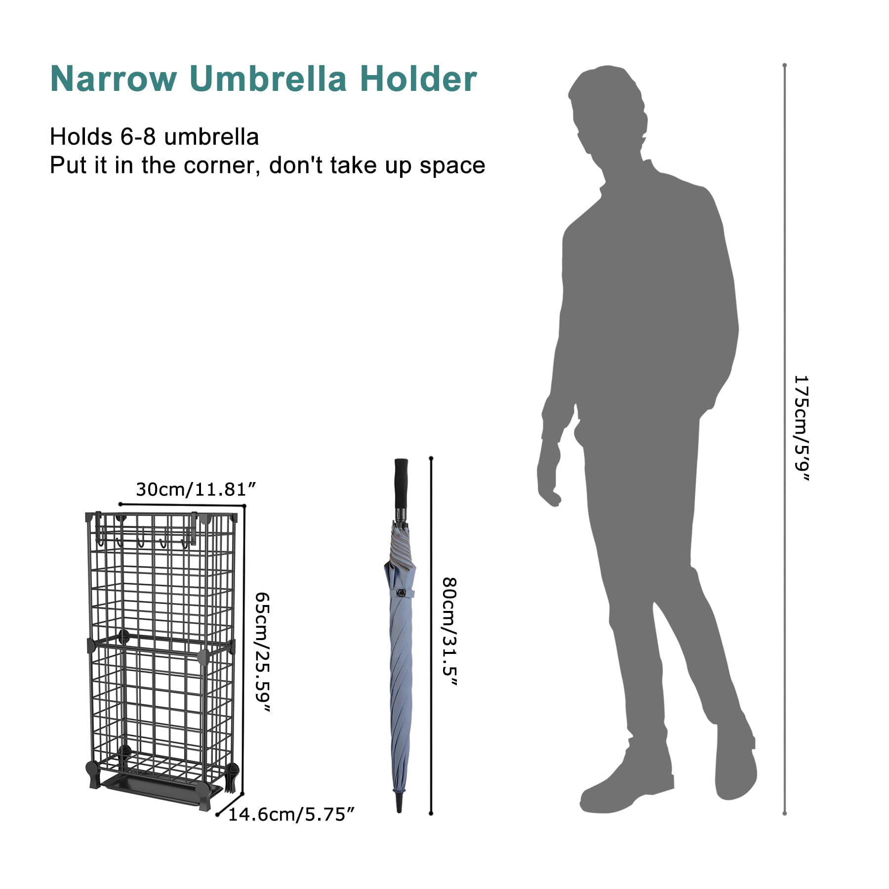 Umbrella Holder Entryway  Stand Freestanding Metal Square Rack Organizer With A Removable Drip Tray Hooks Black