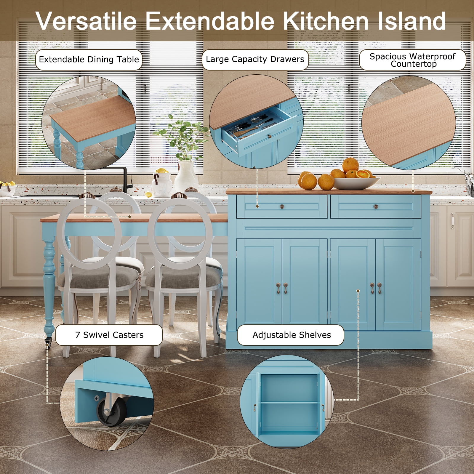 CBJCBJ Modern Extendable Kitchen Islands on Wheels with Power Outlet, Dining Table Cart with 4 Doors Storage, Blue