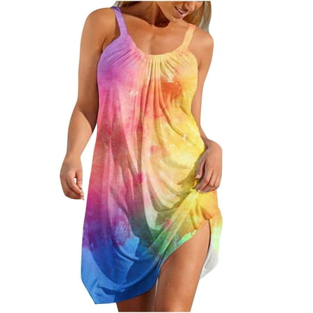 

YanHoo Summer Dresses for Women Beach Floral Tshirt Sundress Sleeveless Pockets Casual Loose Tank Dress