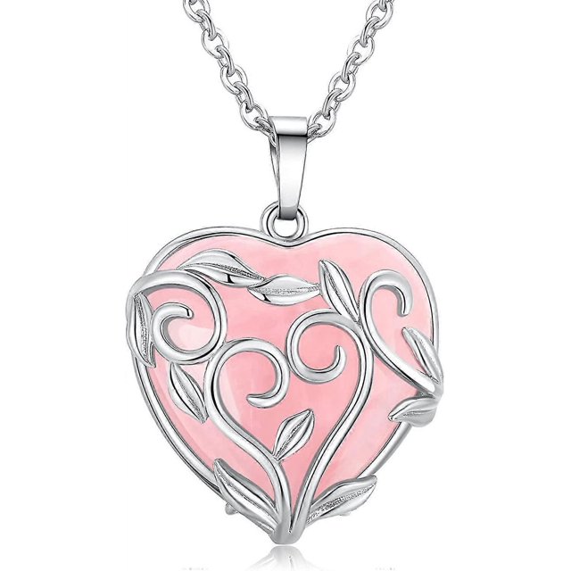 Collar con colgante de piedra de cristal curativo de cuarzo rosa con forma de corazón y hojas y flores