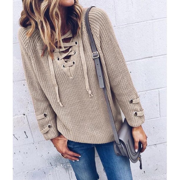 Suéter de punto con cuello en V para mujer, jersey de punto largo suelto Eccomum Caqui L