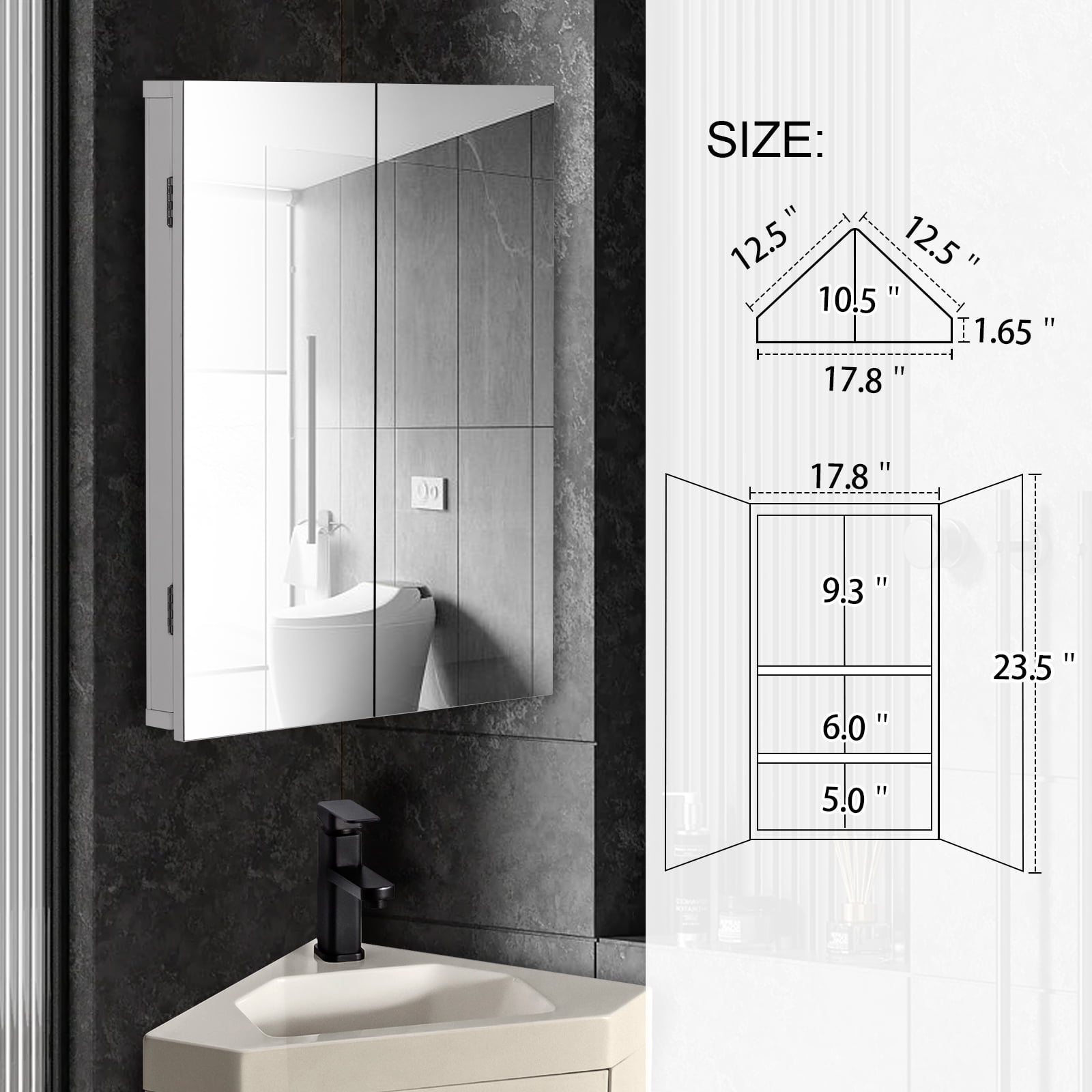 Eclife 2 Doors Corner Medicine Cabinet with Mirror Wall Mounted Bathroom Organizer, White