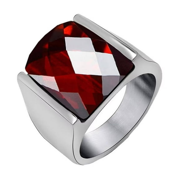 PAMTIER Mens Stainless Steel Silver Plated Square Red Garnet Gemstone Ring Spongebob Birthstone Wedding Anniversary Engagement Bands Red Size 7