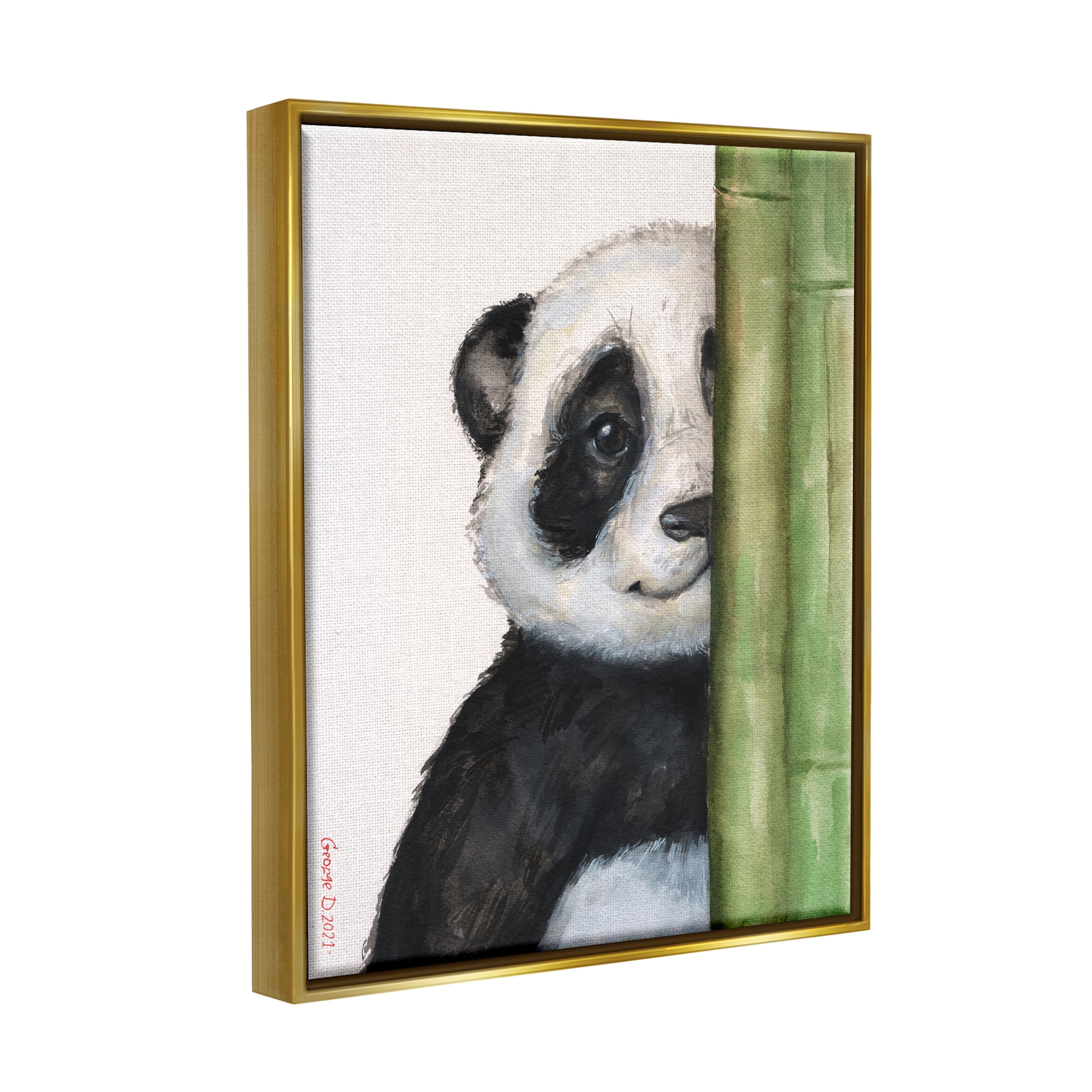 Stupell Industries Panda Bear Peering Around Bamboo Smiling Animal Painting Metallic Gold Floating Framed Canvas Print Wall Art, Design by George Dyachenko
