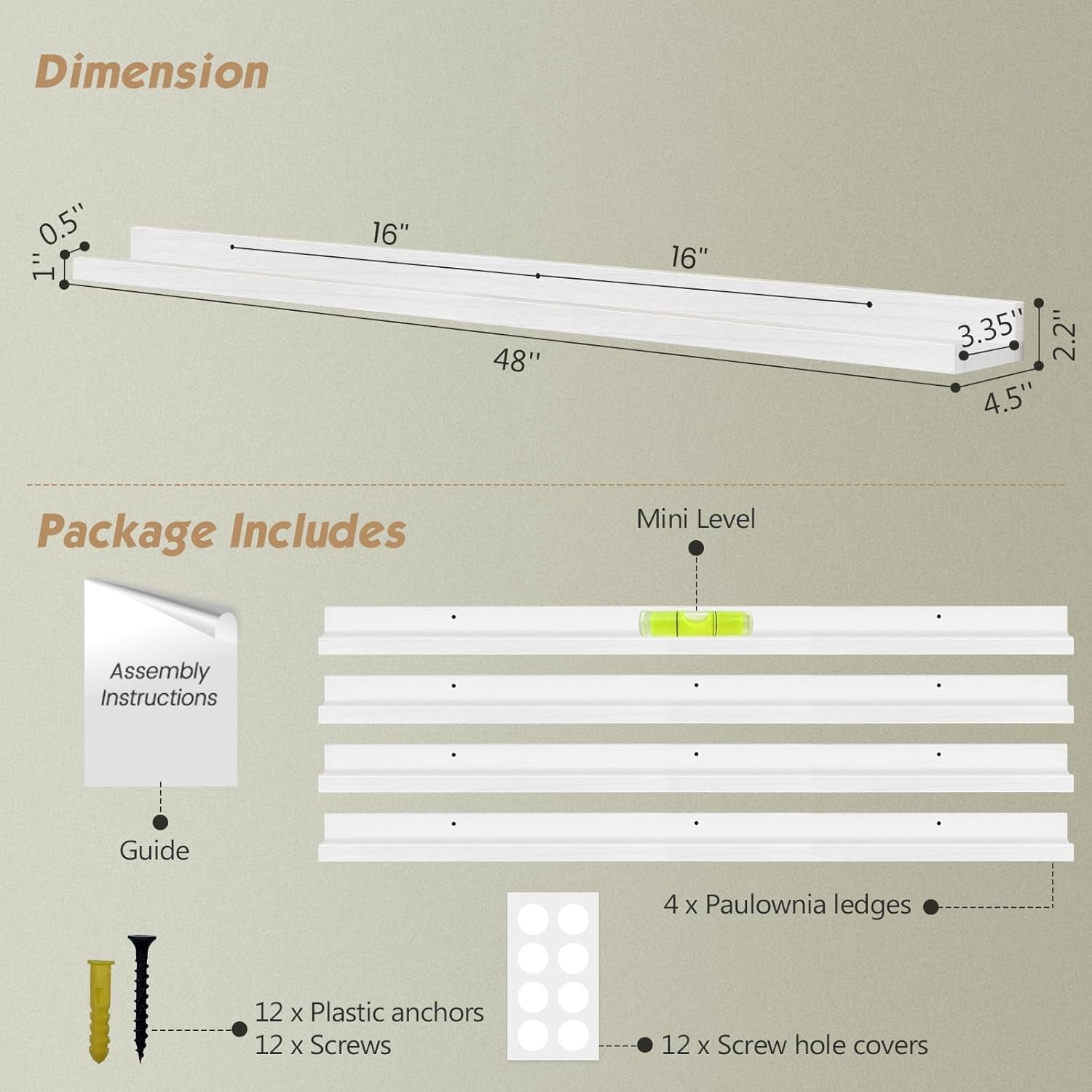 48 Inch Floating Shelves for Wall Set of 4, Large White Picture Ledge Shelf for Living Room Photo Frames, Extra Long Wood Wall Shelves with Lip for Bedroom Hallway Office Books