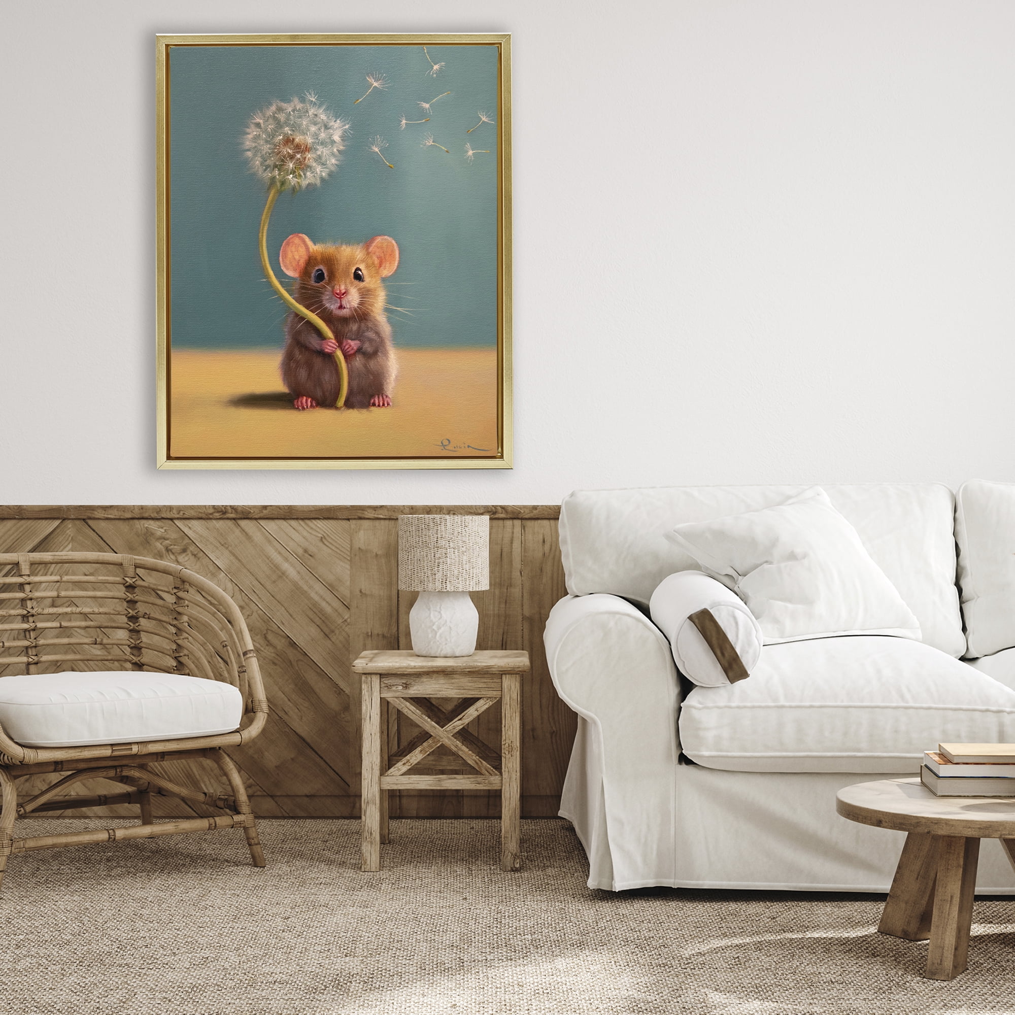 Tiny Wishes Mouse & Dandelion Gold Framed Floater Canvas Wall Art, design by Lucia Heffernan