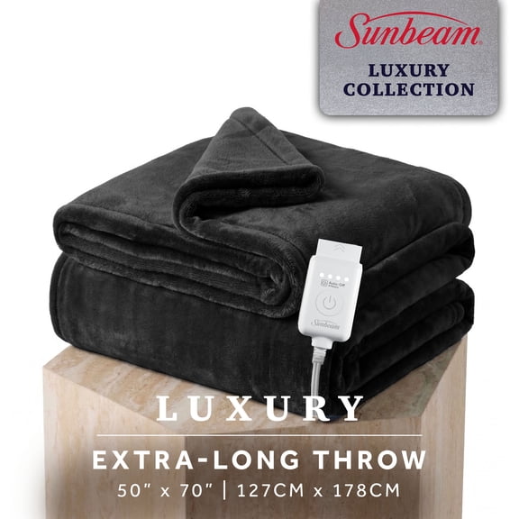 Sunbeam Heated Electric Luxe Plush Throw Blanket, Luxury Collection, Black, 4 Heat Settings, 50 x 70 in