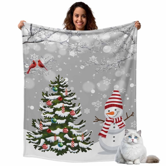 Flannel Fleece Throw Blankets Snowman Xmas Ball Pine Tree Throws Blankets, Winter Snowflake Xmas Cardinal Lightweight Soft Warm Blanket for Couch Sofa Bed Living Room All Season Use, 40x50in