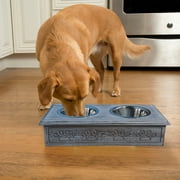 Wooden Pet Double Diner with Stainless Steel Bowls - Antique Gray - Small