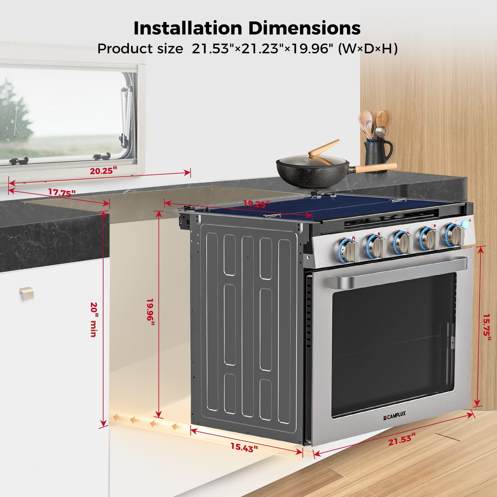 CAMPLUX 21 in. RV Propane Gas Range Oven with 3 Burners Cooktop, Propane Stove Oven Combo 28,100 BTU/Hr