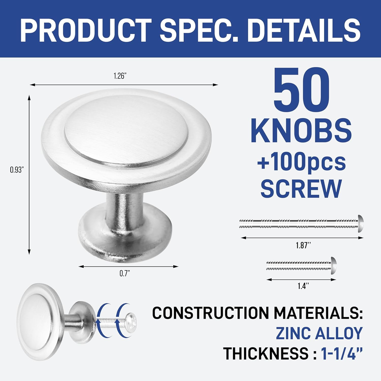 LifeMaster 50pcs 1-1/4" Brushed Nickel Cabinet Knobs - Rust-Proof Finish, Modern Design, Strong Zinc Alloy Construction - Complete with Short and Adjustable Screws for Dresser, Drawers, and Cabinets