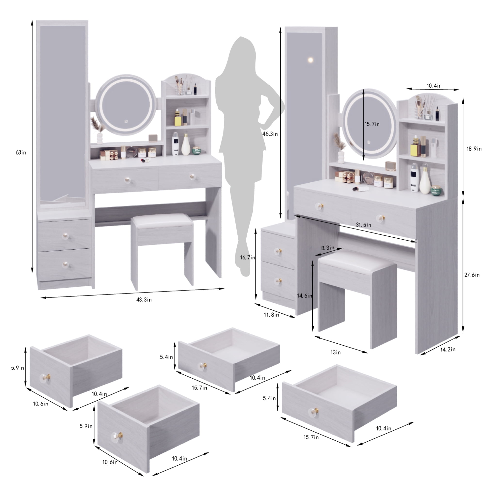 Mirror Cabinet Round Mirror LED Vanity Table Cushioned Stool with LED Mirror