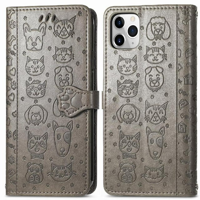 Funda Cartera FOXDOCK para iPhone 11 Pro , Flip PU con Relieve de Gatos y Perros, Tarjetero y Soporte