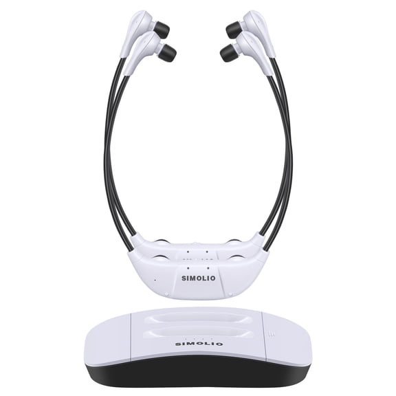 SIMOLIO Dual Wireless Headphones for TV Watching with Spare Battery for Seniors, Tone and Balance Control, Personal Sound Amplifier, 100 ft Work Range, No Audio Delay, SM-824D2-W (New)