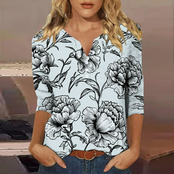 T-shirt for Women Plus Size 3/4 Sleeve V-Neck Button Casual Printed Top Light Blue XXL