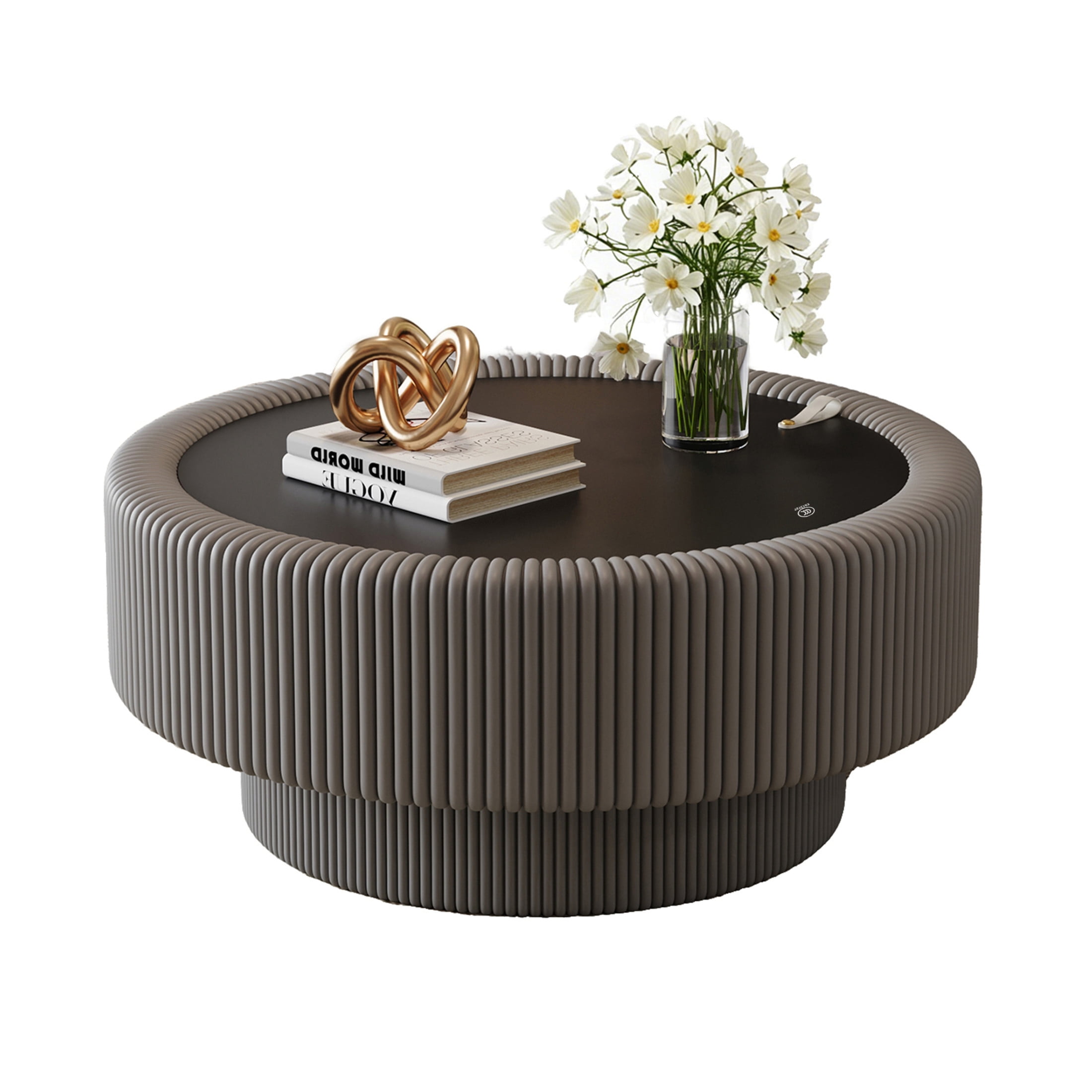 Noble House Morade 31.5" Fluted Round Storage Coffee Table with Glass Top & Leather Wrapped for Living Room, Gray