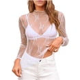 thumbnail image 4 of Women's Mesh Sheer Tops Sexy Mock Neck Floral Embroidery Blouse Summer Loose Fit Basic Going Out Tops Party Clubwear, 4 of 5