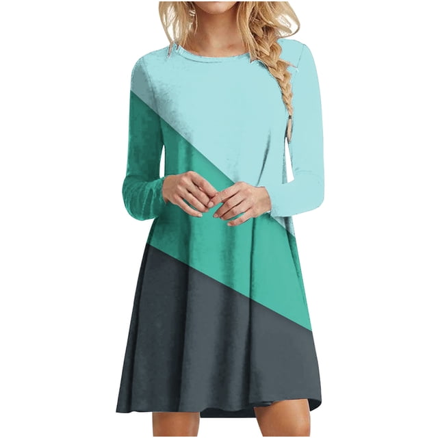 Robes d'Automne pour Femmes Col Rond Bloc de Couleur Robe à Manches Longues Décontractée Ample Tunique Évasée Mini Robes